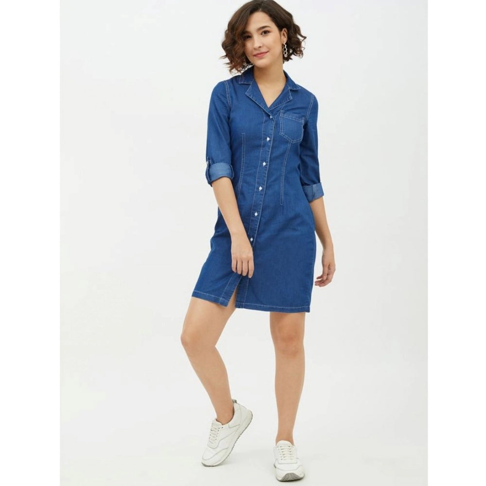 Blue denim women's long-sleeve dress with solid pattern, collar neck, above-knee length