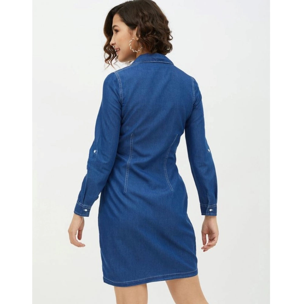 Blue denim women's long-sleeve above knee dress with solid pattern