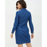 Blue denim women's long-sleeve above knee dress with solid pattern
