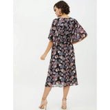 Multicolor polyester chain print cap sleeve calf-length dress for women, vibrant pattern on display