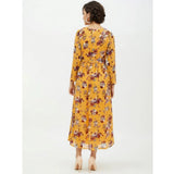 Multicolor polyester floral long sleeves calf-length dress on model, vibrant floral pattern for women's fashion