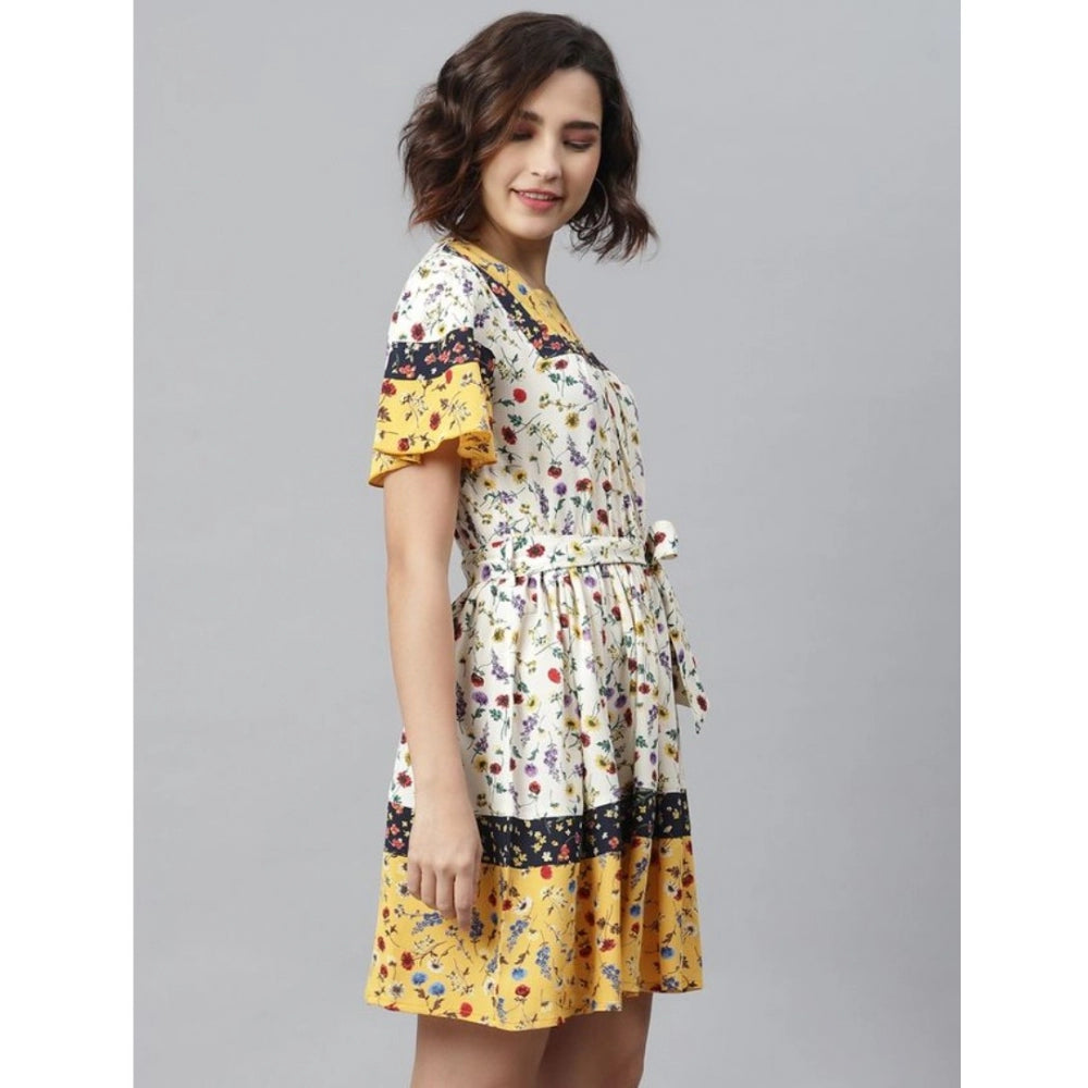 Multicolor polyester floral flutter dress for women, above knee length with round neck and flutter sleeves