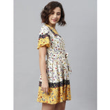 Multicolor polyester floral flutter dress for women, above knee length with round neck and flutter sleeves
