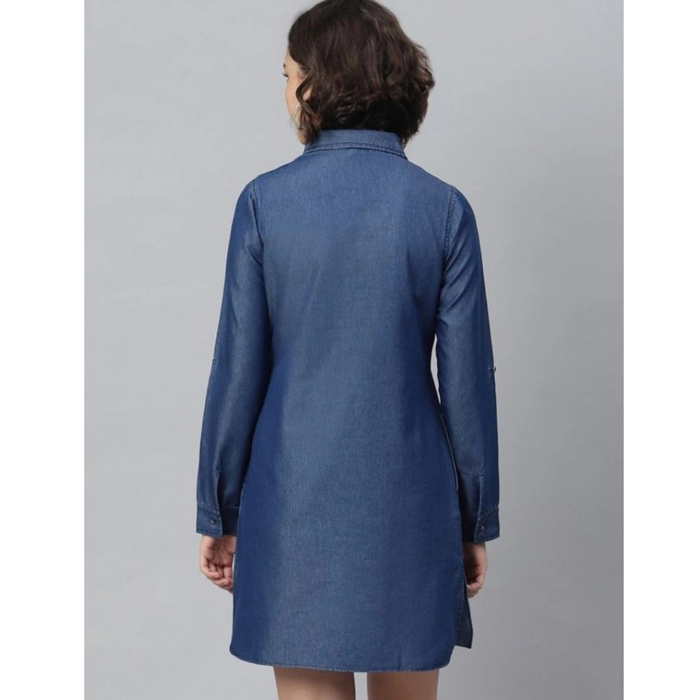 Navy Blue Denim long sleeve dress with collar, solid pattern above knee length