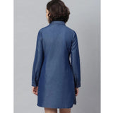 Navy Blue Denim long sleeve dress with collar, solid pattern above knee length
