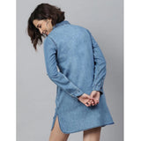 Ice Blue denim long sleeves dress, solid pattern, women's above-knee length