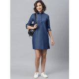 Navy Blue Denim Women's Solid Long-Sleeve Dress above knee, classic denim style for women's fashion