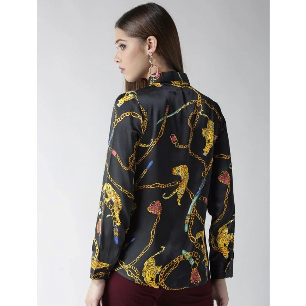 Black satin printed long sleeves shirt with gold accents - women's formal wear on hanger