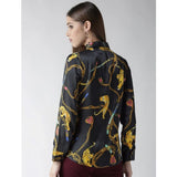 Black satin printed long sleeves shirt with gold accents, women's fashion wear on hanger