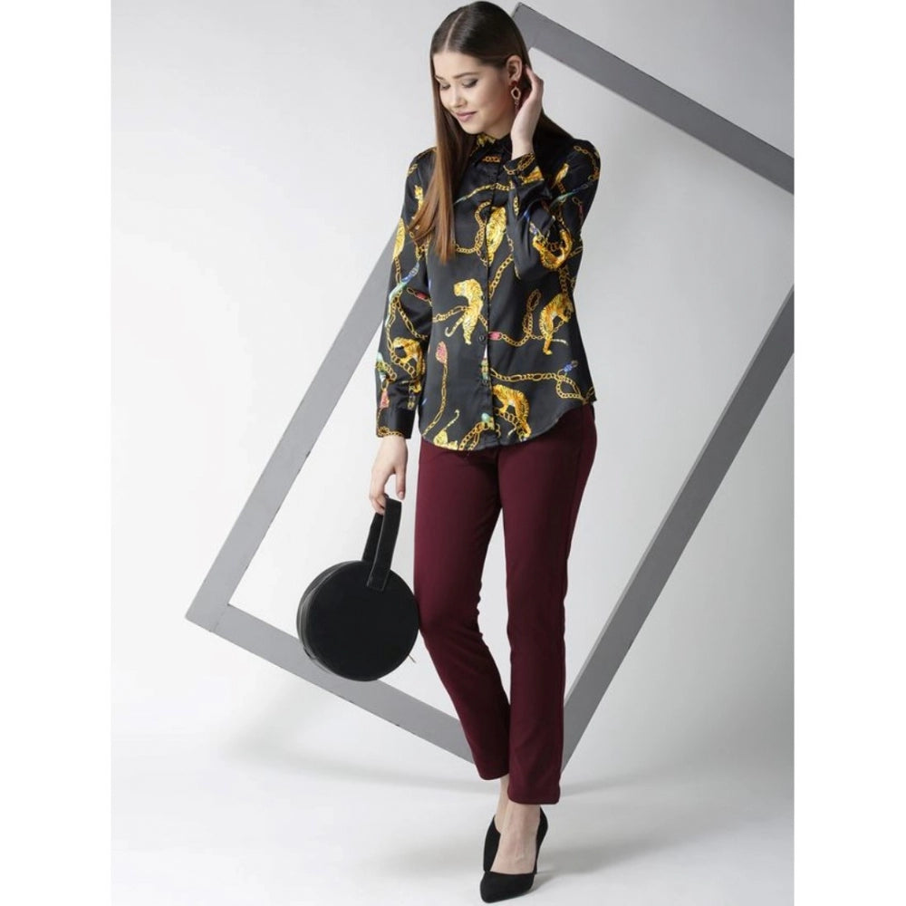 Black satin printed long sleeves shirt with gold accents, standard length for women's fashion