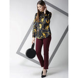 Black satin printed long sleeves shirt with gold accents, standard length for women's fashion