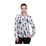 Women's white polyester printed long-sleeve shirt on mannequin, standard length style