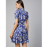 Blue & Purple floral print polyester women's short sleeve above knee dress