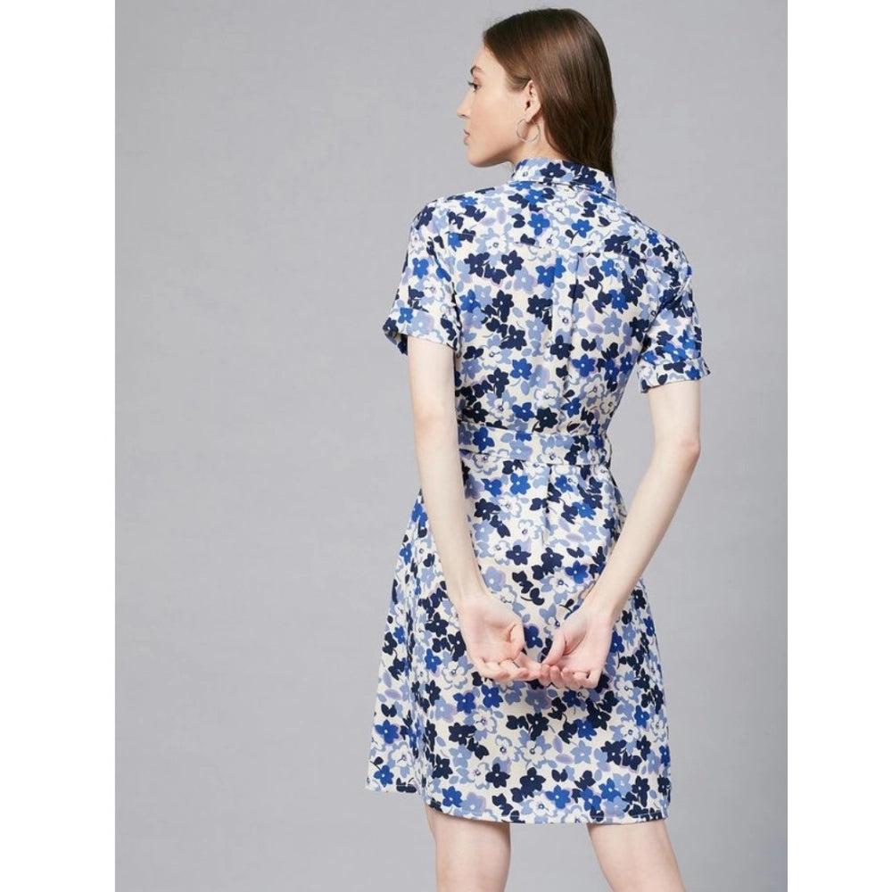 Blue & White Polyester Floral Short Sleeve Dress for women - above knee length with collar neck, floral pattern on display stand