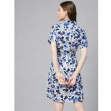 Blue & White Polyester Floral Short Sleeve Dress for women - above knee length with collar neck, floral pattern on display stand