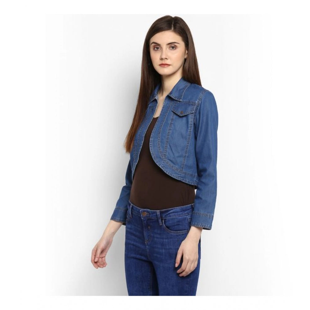 Blue denim solid 3/4th sleeves shrug for women, durable casual wear
