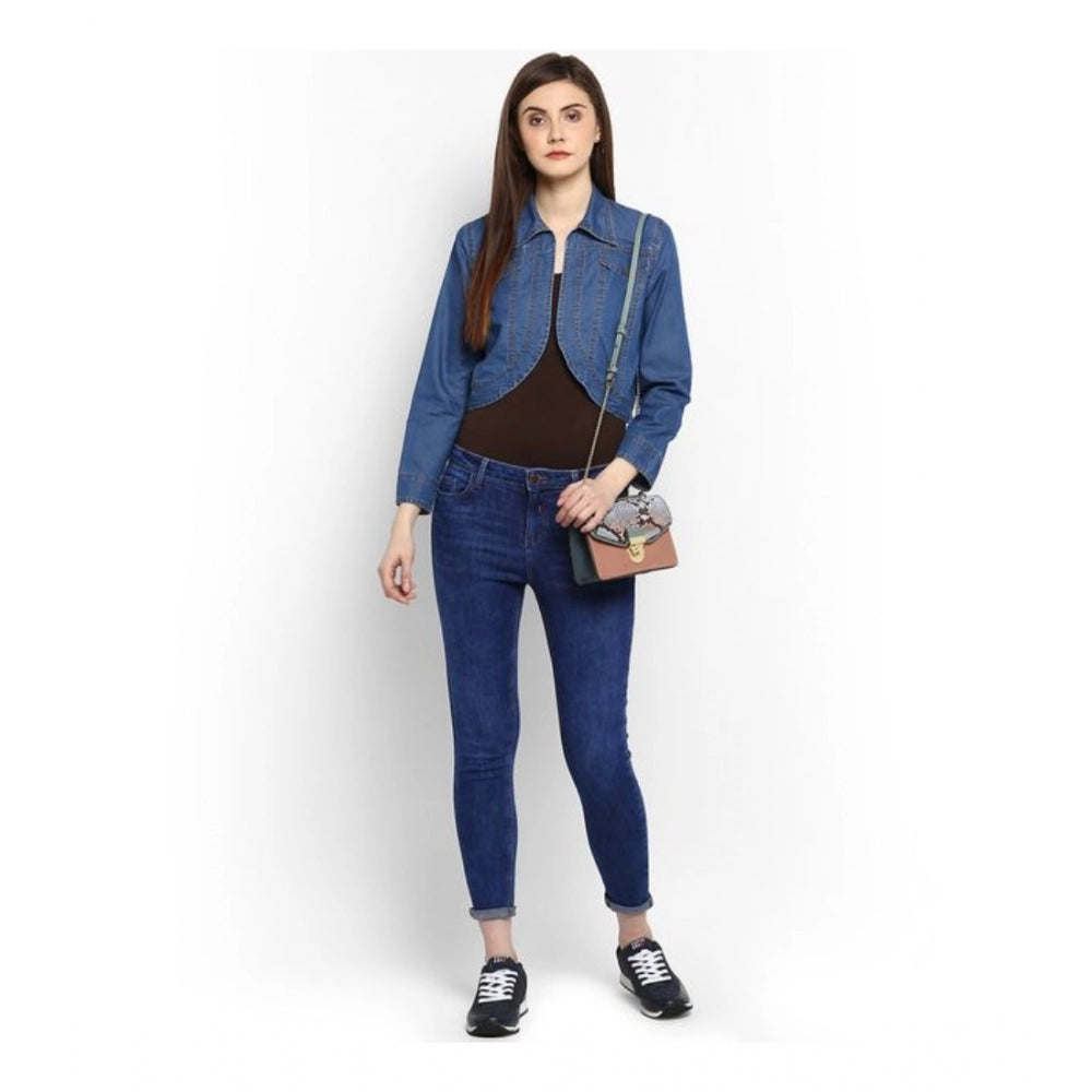 Blue denim solid 3/4th sleeves shrug for women's casual wear, ideal for layering