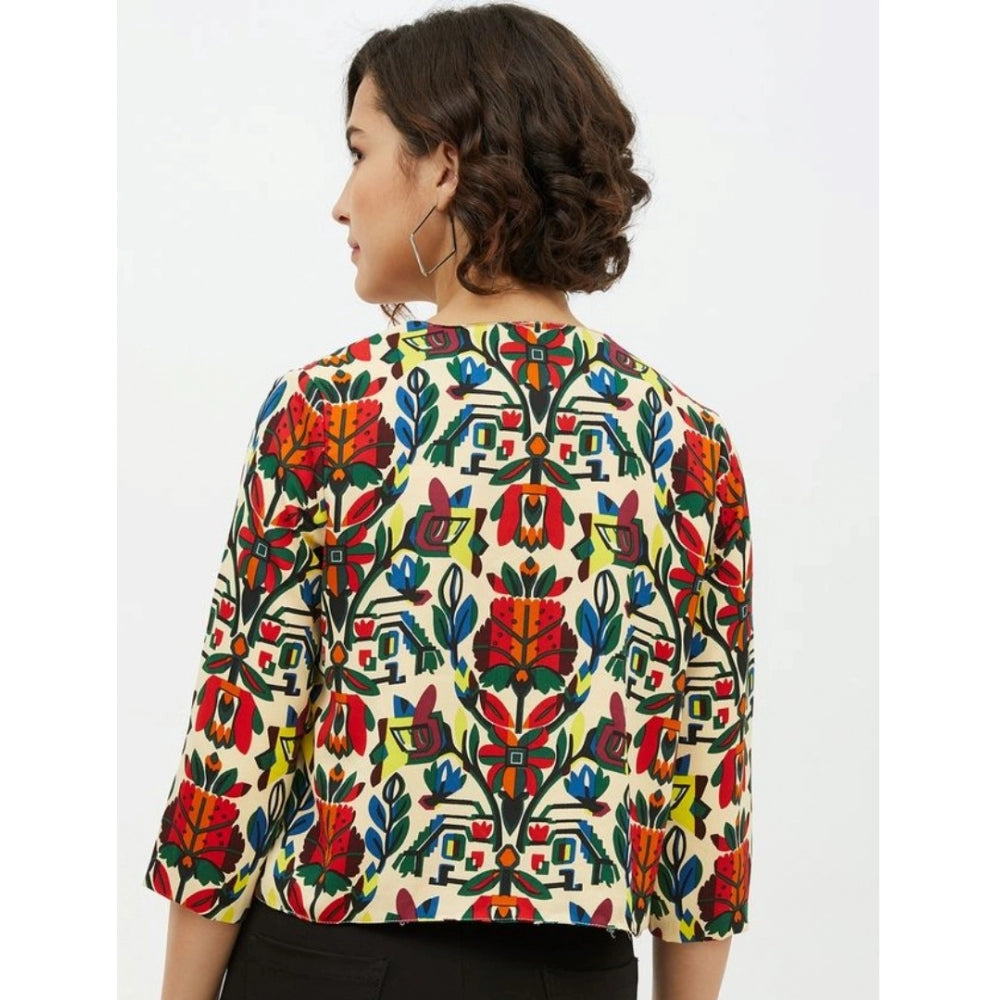 Multicolor polyester floral 3/4th sleeves shrug for women, round neck, vibrant floral pattern on display