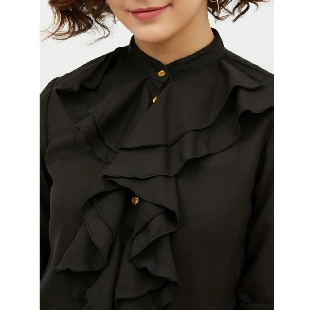 Black polyester ruffled long-sleeve shirt with mandarin collar, standard length