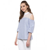Blue striped cotton cold shoulder top for women's fashion, stylish mock neck design