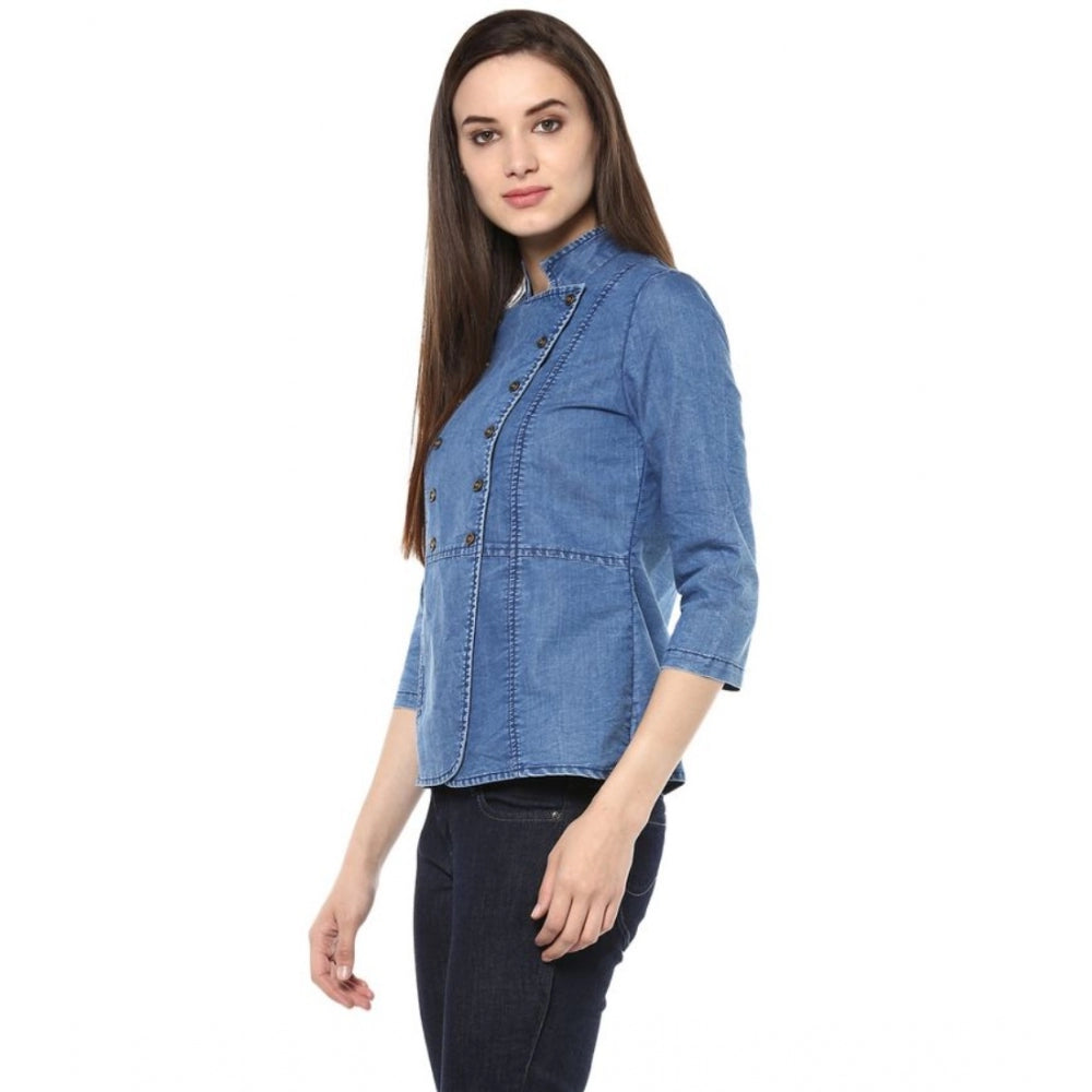 Blue denim solid 3/4th sleeves women's regular top - stylish casualwear for spring fashion