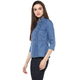 Blue denim solid 3/4th sleeves women's regular top - stylish casualwear for spring fashion