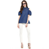 Blue denim solid cold shoulder regular top for women - wearable clothing item on mannequin