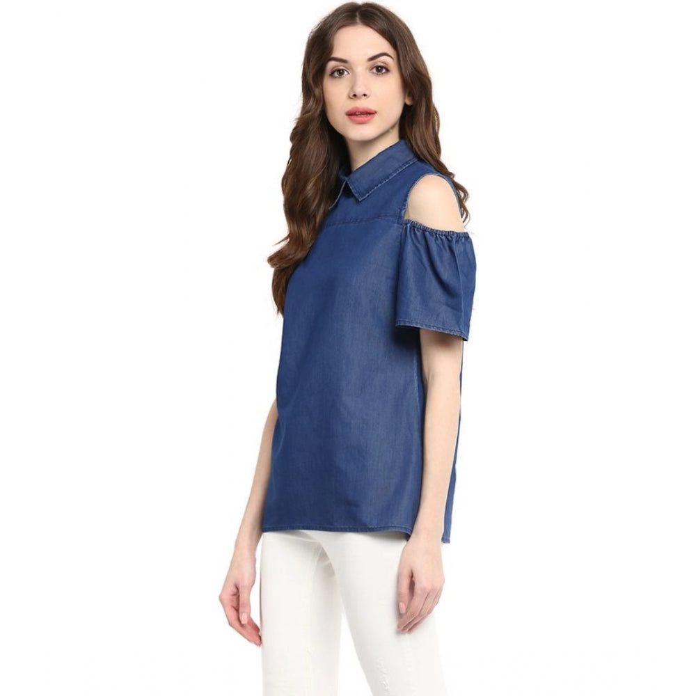 Blue denim solid cold shoulder regular top for women, showing off cold shoulder sleeves and collar neckline