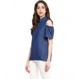 Blue denim solid cold shoulder regular top for women, showing off cold shoulder sleeves and collar neckline