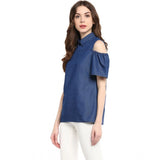 Blue denim cold shoulder regular top, solid design for women's fashion
