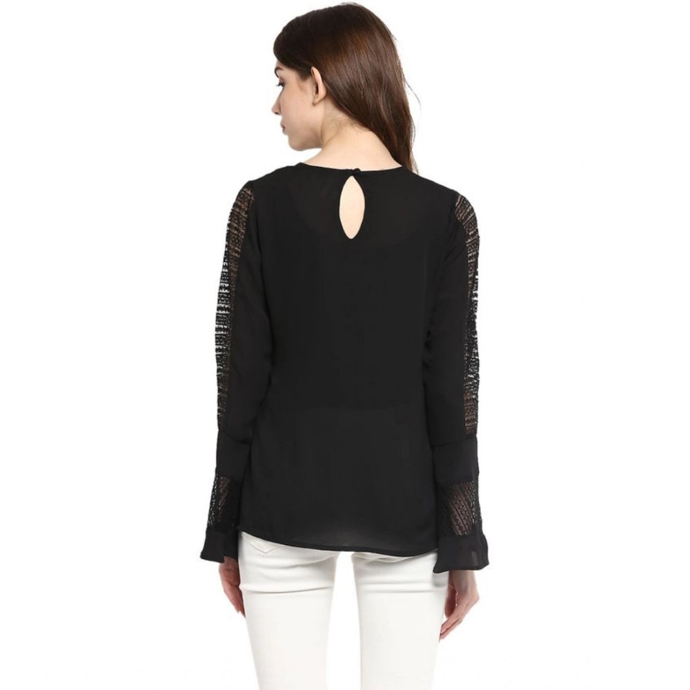 Black polyester georgette bell sleeve top for women, self-designed pattern with round neck and regular length