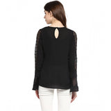 Black polyester georgette bell sleeve top for women, self-designed pattern with round neck and regular length