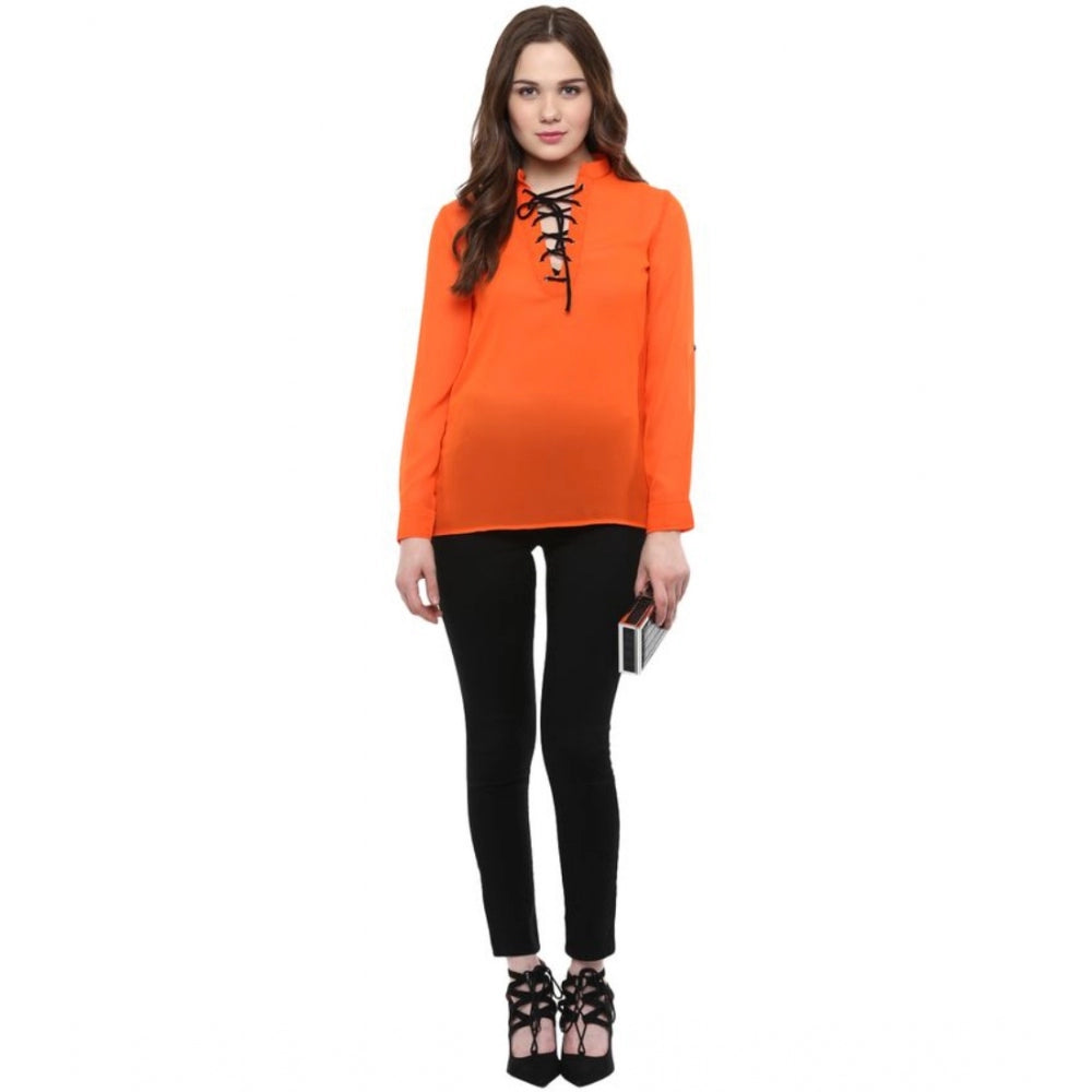 Orange polyester long sleeve regular top with mandarin collar and tie-up detail, solid design on female model