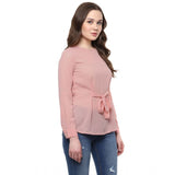 Pink polyester solid long sleeves top for women, round neck, regular length