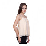Beige polyester solid shoulder strap regular top for women, round neck, perfect for everyday wear
