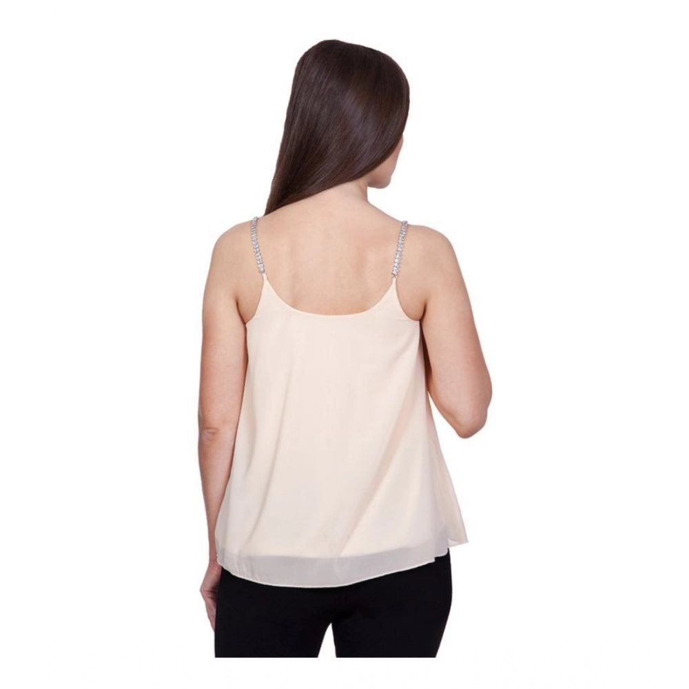 Beige polyester solid shoulder straps women's top, round neck with regular length