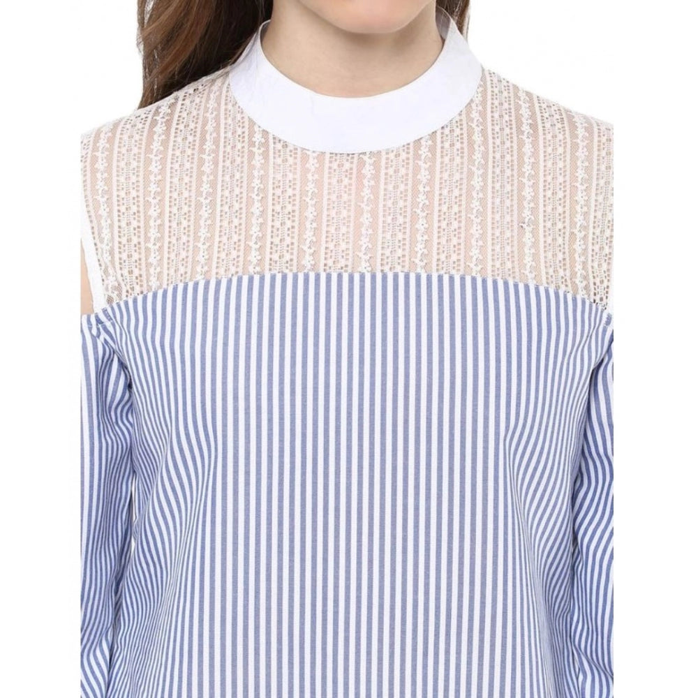 Blue striped cotton cold shoulder top for women's fashion, mock neck style