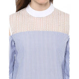 Blue striped cotton cold shoulder top for women's fashion, mock neck style