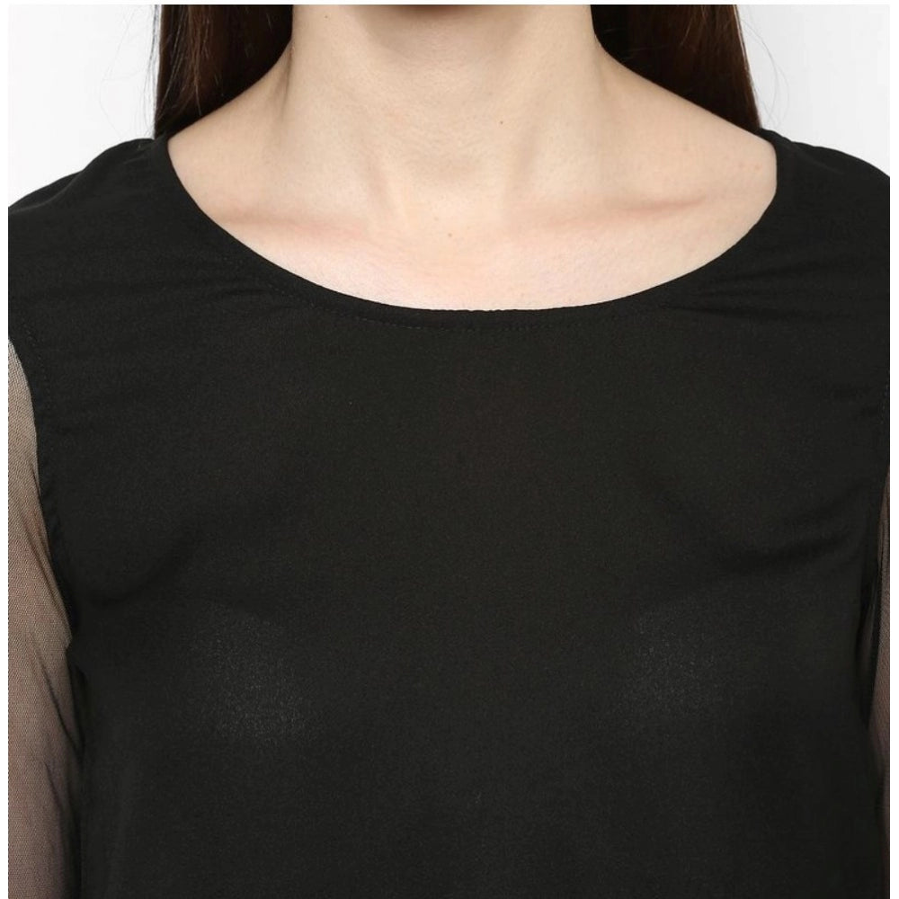 Black polyester tier sleeve top for women's fashion, solid design with round neckline