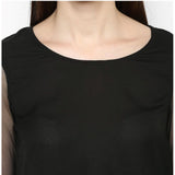 Black polyester tier sleeve top for women's fashion, solid design with round neckline