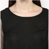 Black polyester solid tier sleeve top for women's fashion, round neckline design