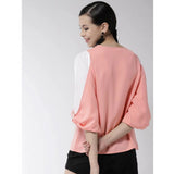 Color block pink polyester slit sleeve top for women's fashion, round neck style, vibrant hue on mannequin