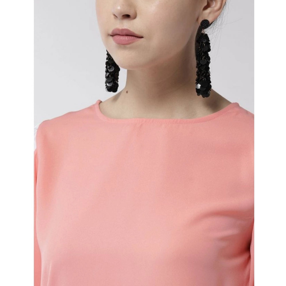 Color block pink polyester top with slit sleeves for women, round neckline, vibrant hues on modern fashionwear