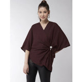 Maroon polyester solid cape sleeve top for women, vivid v-neck style on display