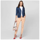 Blue denim solid 3/4 sleeves women's top, collar neck type
