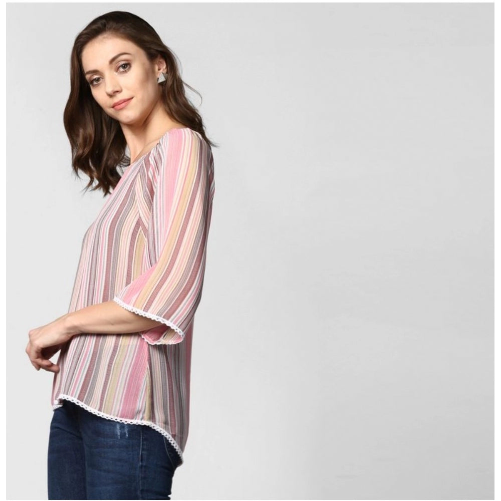 Women's pink polyester striped 3/4th sleeves top, stylish round neck apparel for women