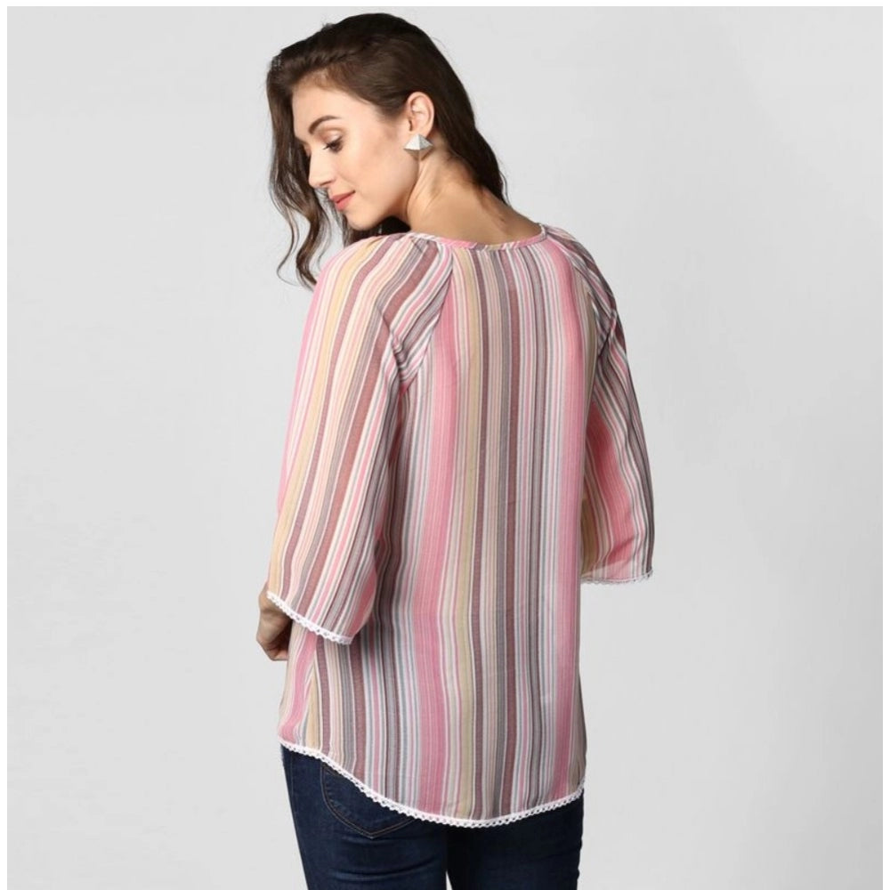 Pink striped polyester 3/4 sleeve top for women, round neckline