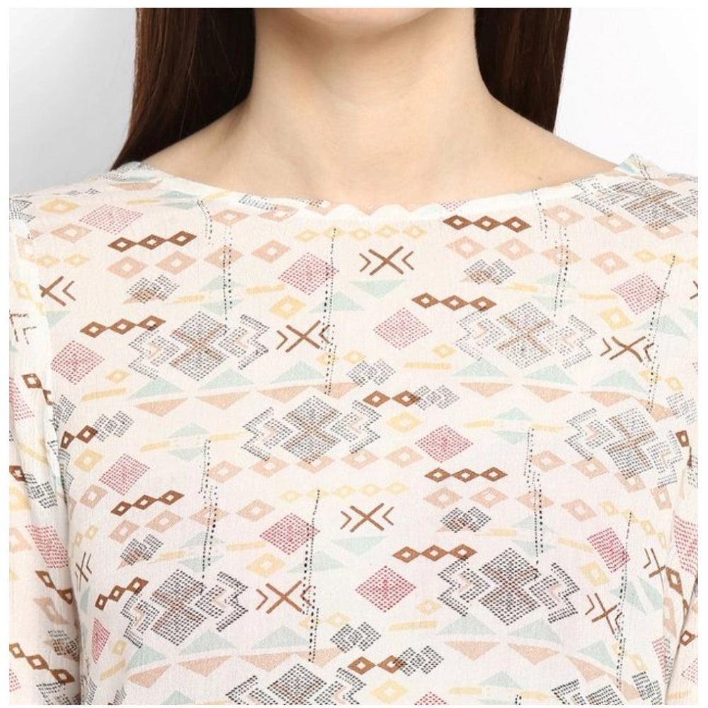 Off white and red rayon crepe printed ruffle sleeve top for women, close-up detail on mannequin