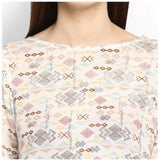 Off white and red rayon crepe printed ruffle sleeve top for women, close-up detail on mannequin