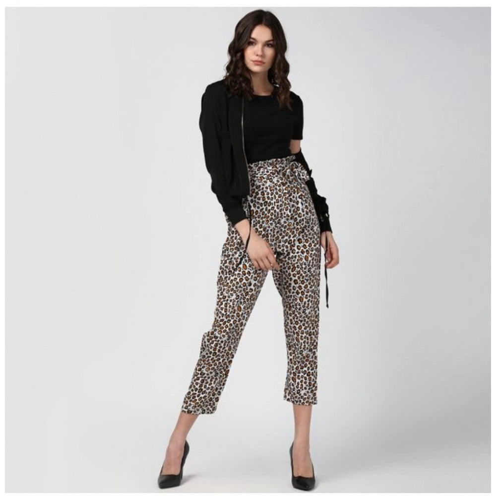 Women's white-yellow polyester animal print elasticated trousers, stylish fashion for casual wear